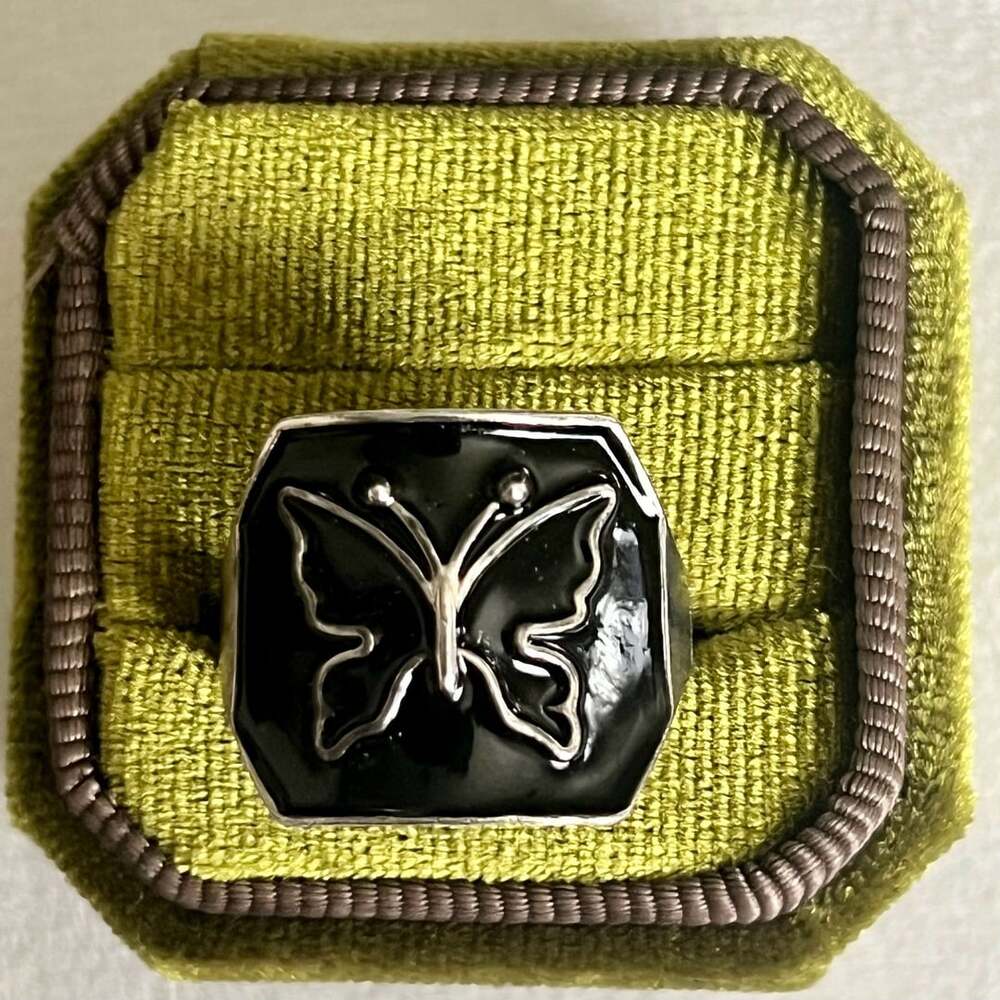 Vintage Black Enamel Butterfly Ring Silver Tone Statement Ring Size 9